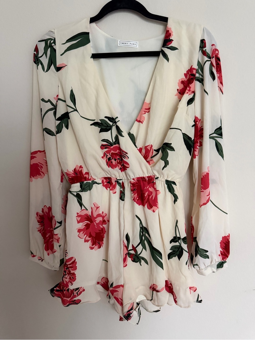 Emory Park Cream Floral Wrap Romper with Pink Blooms